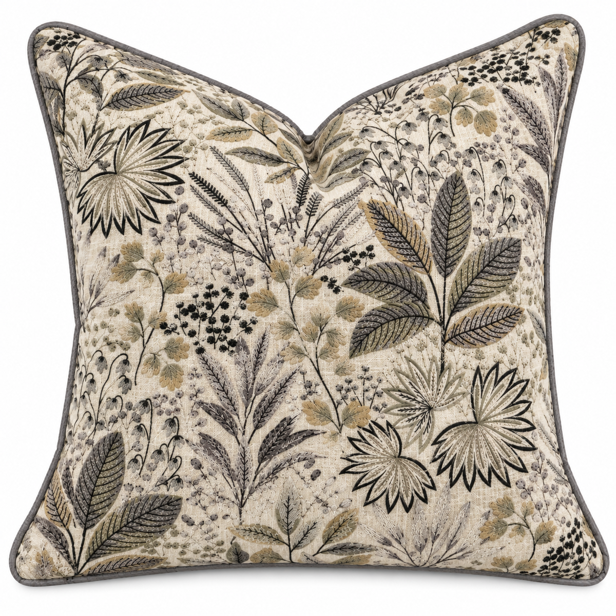 Botanical Charcoal Piping Cushion – 50 × 50 cm