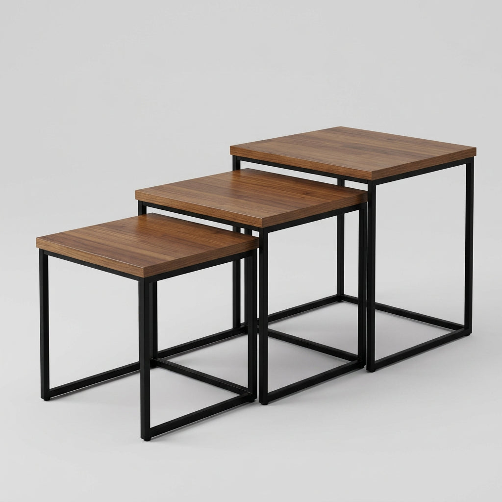 NESTO Walnut Wood &Black Steel Nesting Tables – Set of 3