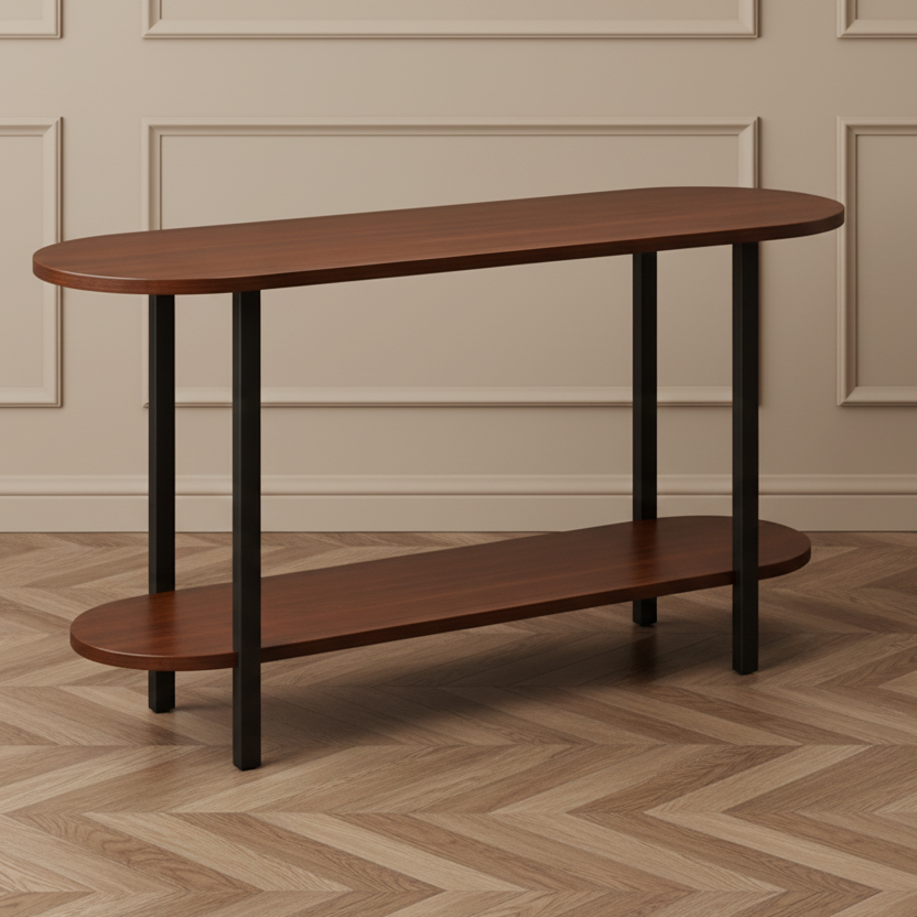 Wooden console table with black legs on a wooden floor against a beige wall.