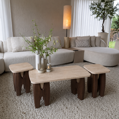 Vista Coffee Table Set - Travertine & dark wood
