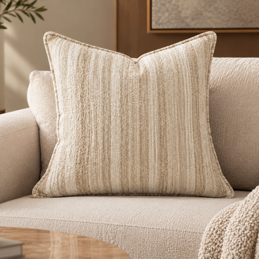 Textured Striped Decorative Cushion – Ivory