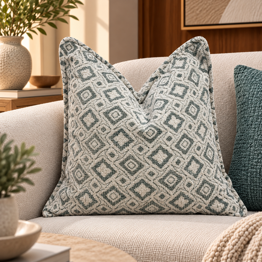 Geometric Pattern Decorative Cushion – Sea Foam &Ivory – 50 × 50 cm