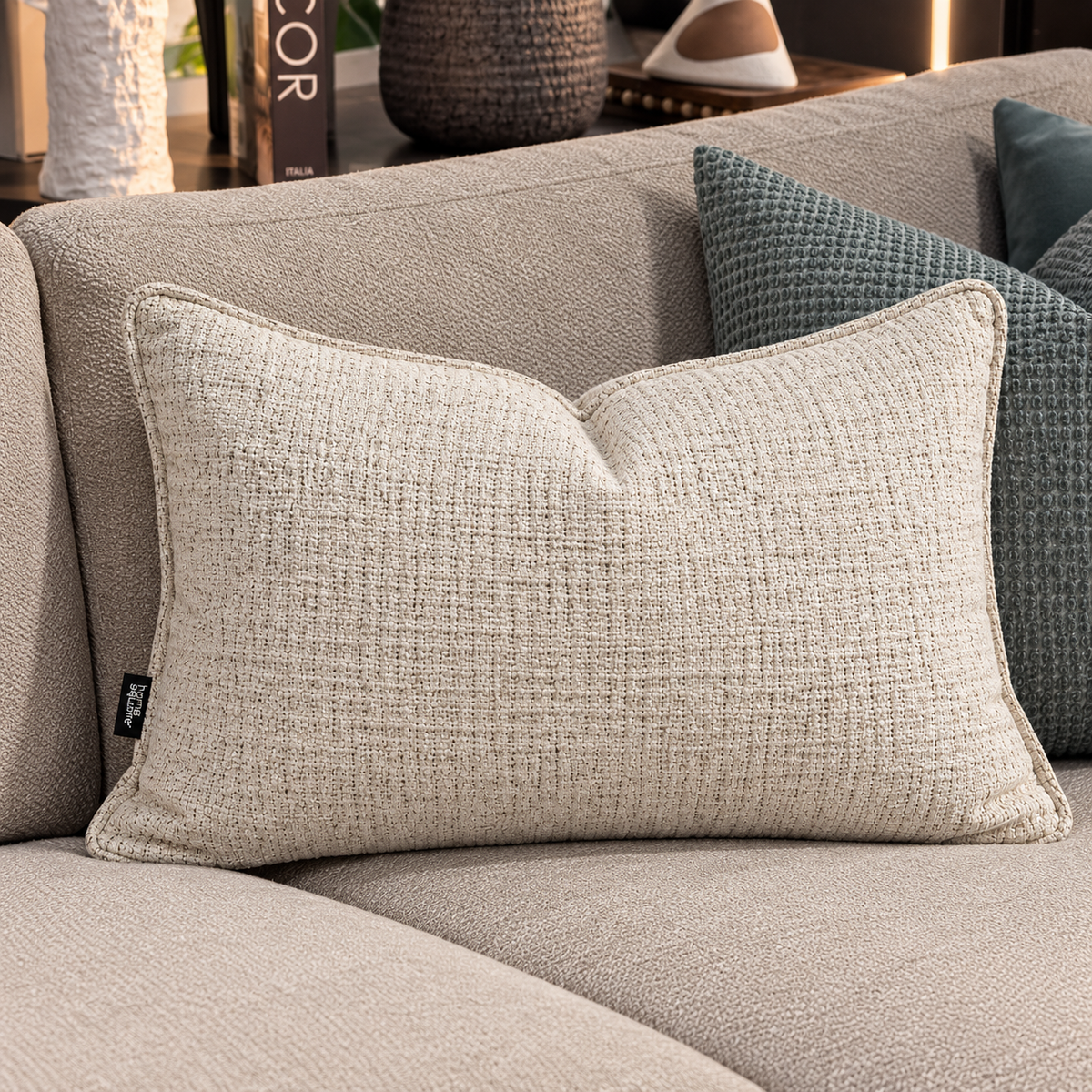 Textured Rectangular Decorative Cushion – Ivory – 45 × 60 cm