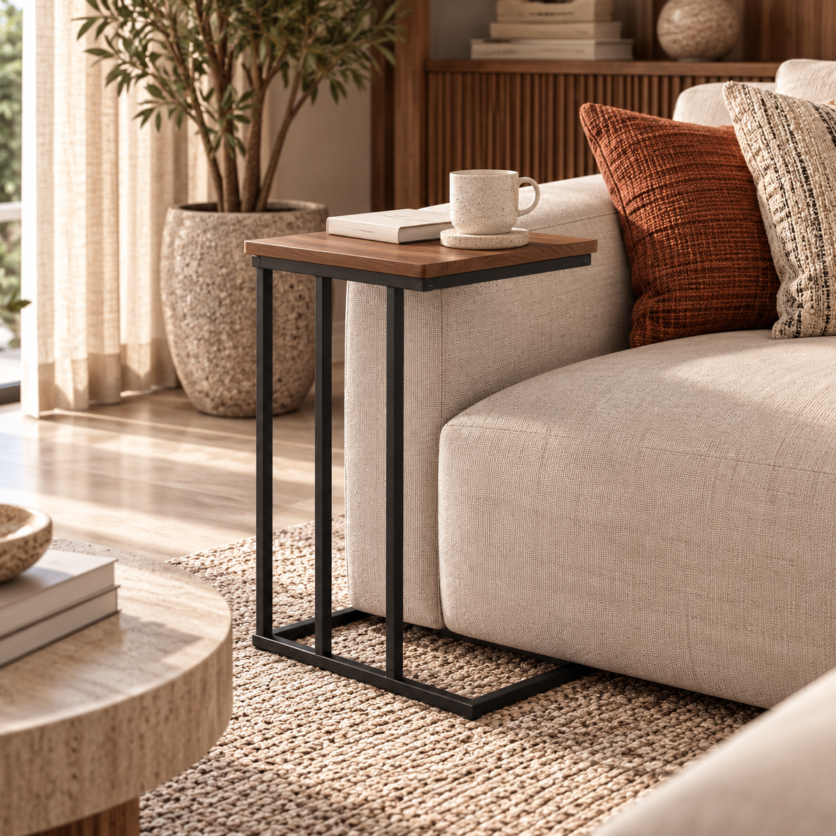 AXEL Walnut &Black Steel C-Shaped Side Table