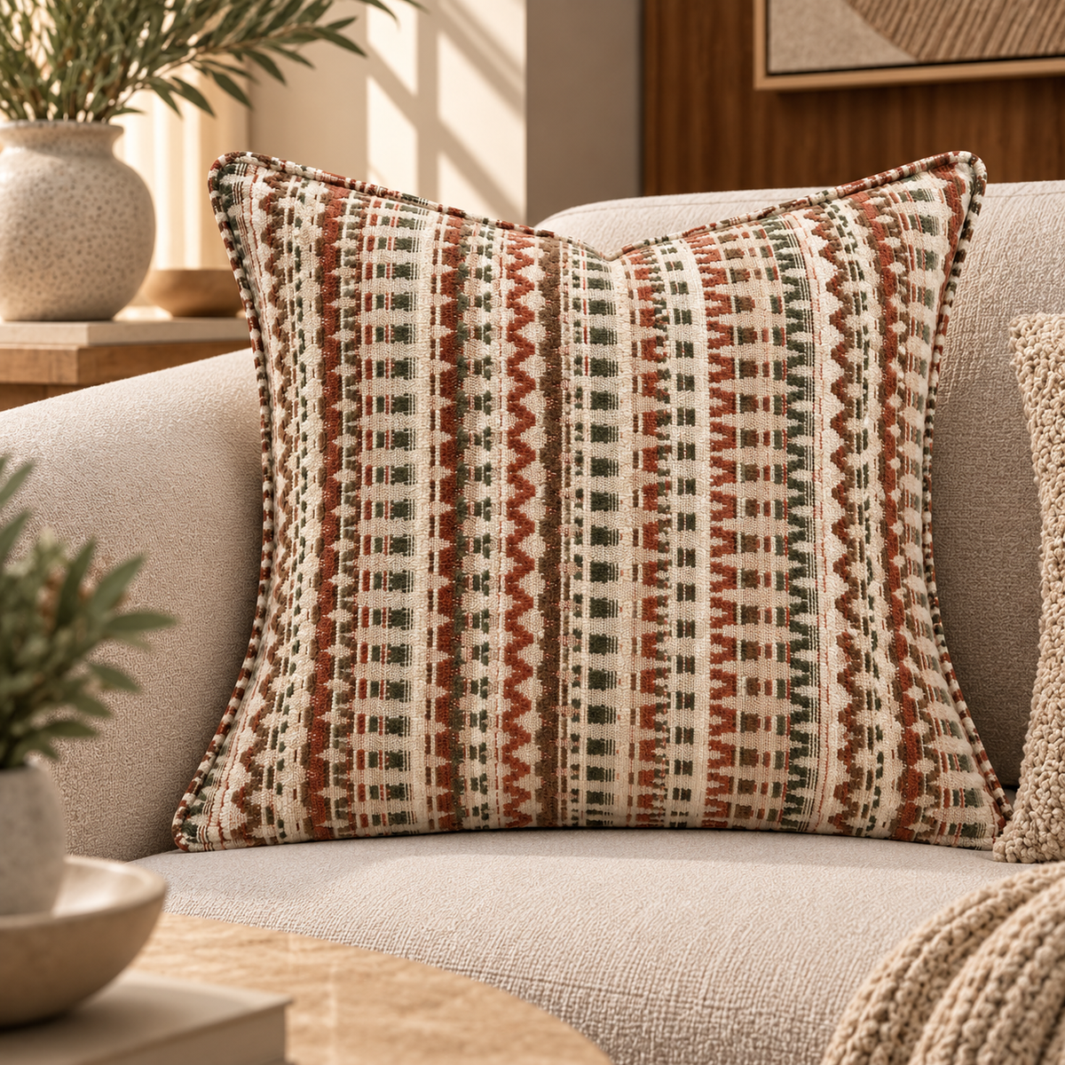 Geometric Pattern Decorative Cushion – Olive &Terracotta – 50 × 50 cm