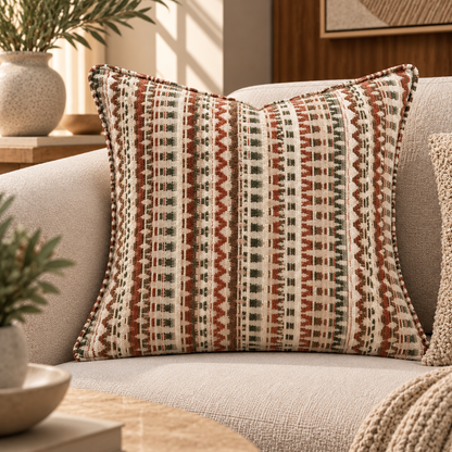Geometric Pattern Decorative Cushion – Olive &Terracotta – 50 × 50 cm