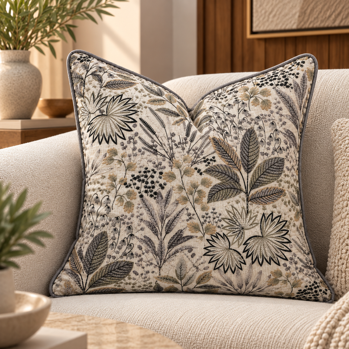 Botanical Charcoal Piping Cushion – 50 × 50 cm
