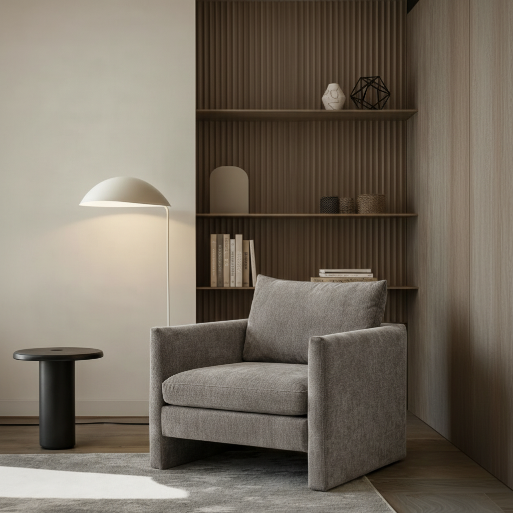 Gray armchair in a modern room with a bookshelf and floor lamp.
