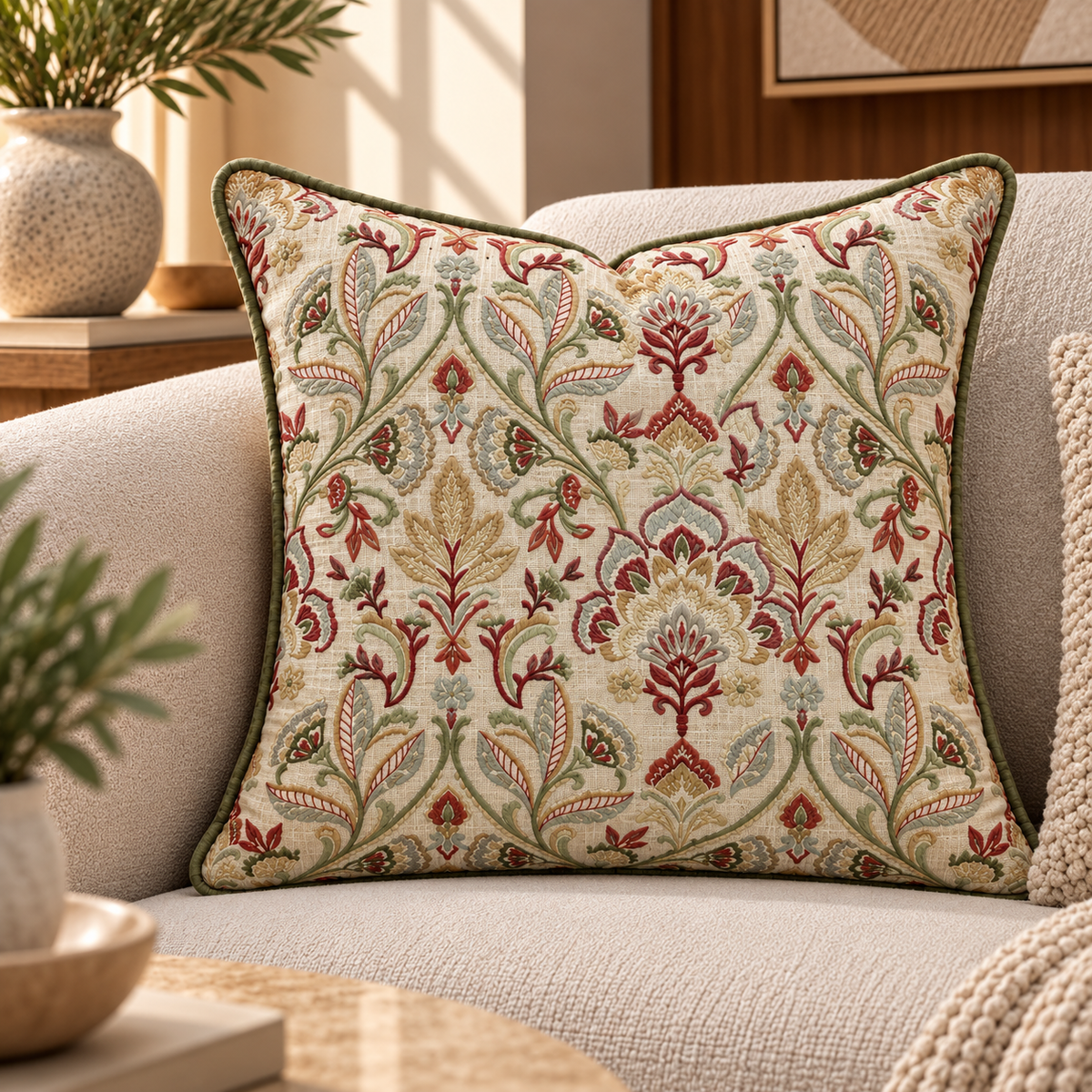 Elegant Floral Embroidered Cushion – Ivory &Olive – 50 × 50 cm