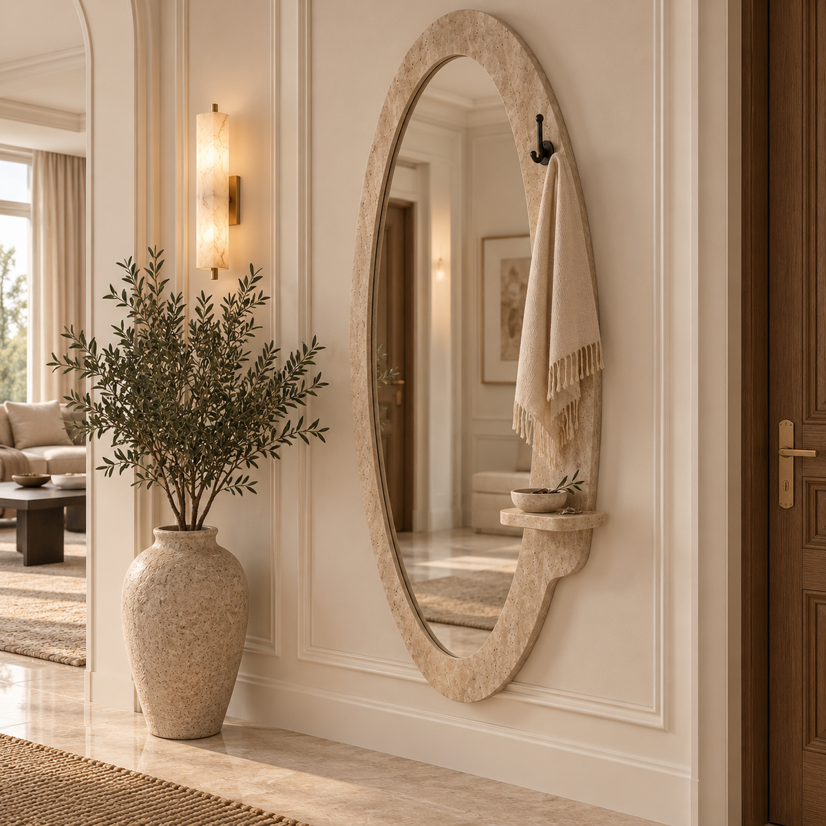 Elara Travertine Mirror with Shelf & Hook – 160 × 60 cm