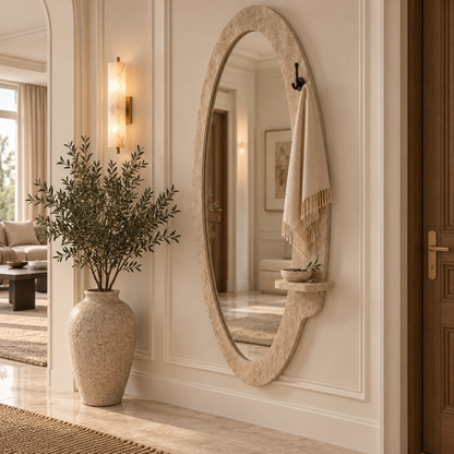 Elara Travertine Mirror with Shelf & Hook – 160 × 60 cm