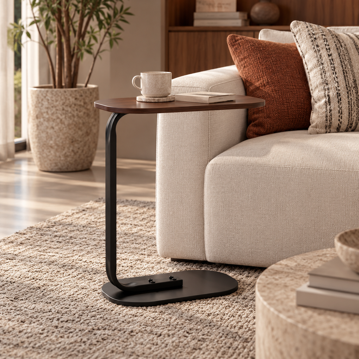LINO Walnut &Black Steel C-Shaped Side Table