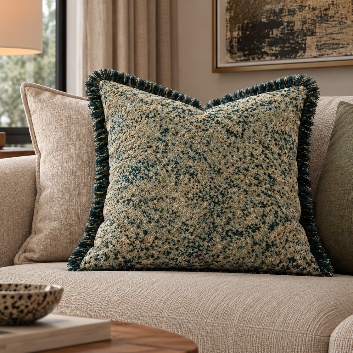 Seafoam Textured Fringe Cushion – 50×50 cm