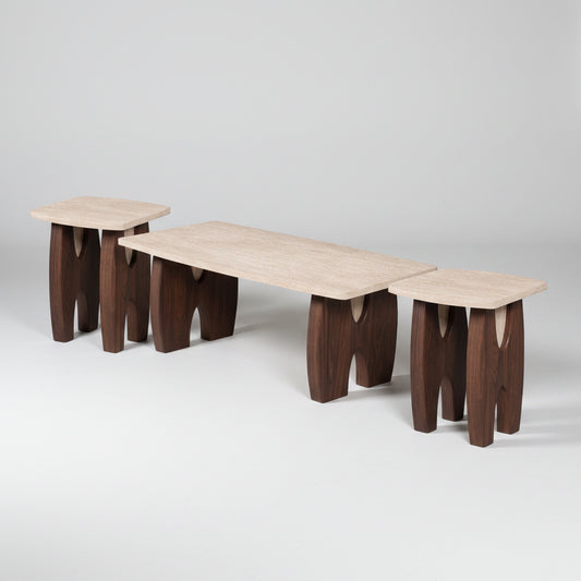 Vista Coffee Table Set - Travertine & dark wood