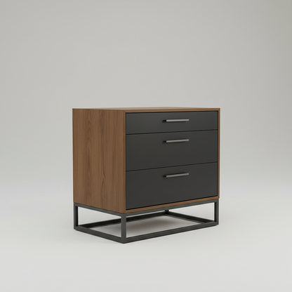 Black three-drawer nightstand with wooden accents next to a bed in a bedroom setting.