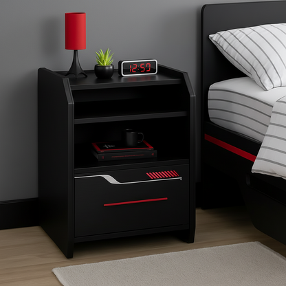 Black nightstand with a drawer next to a bed in a bedroom setting.
