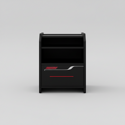 Black nightstand with a drawer next to a bed in a bedroom setting.
