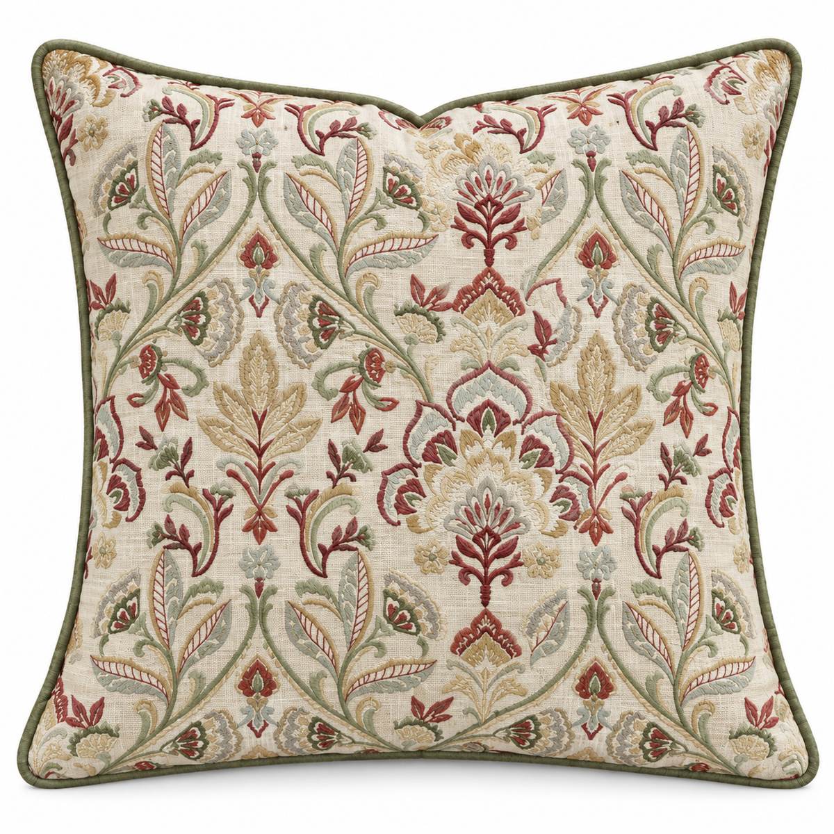 Elegant Floral Embroidered Cushion – Ivory &Olive – 50 × 50 cm