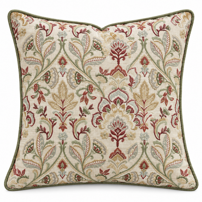 Elegant Floral Embroidered Cushion – Ivory &Olive – 50 × 50 cm