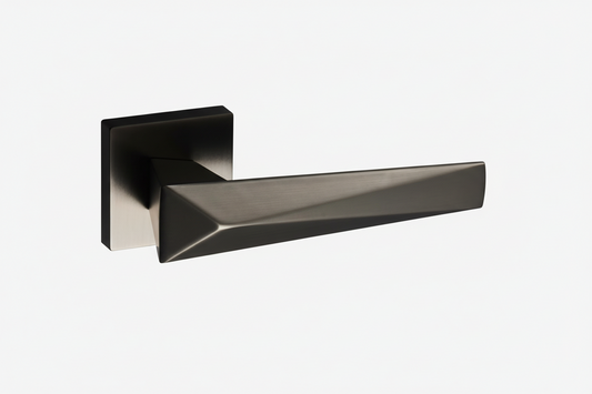Modern door handle with a geometric design on a white background