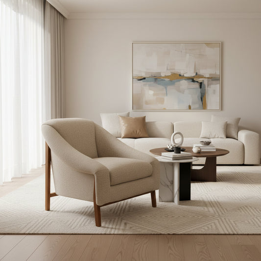 Beige armchair in a room with a wooden side table, lamp, and plant.