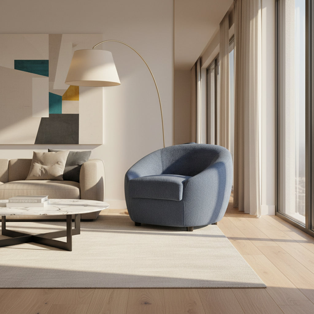 Blue armchair next to a potted plant against a wooden paneled wall.