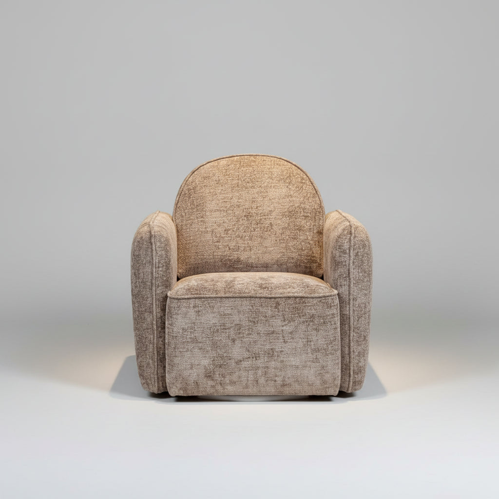 Beige armchair in a room with a wooden side table and a plant.
