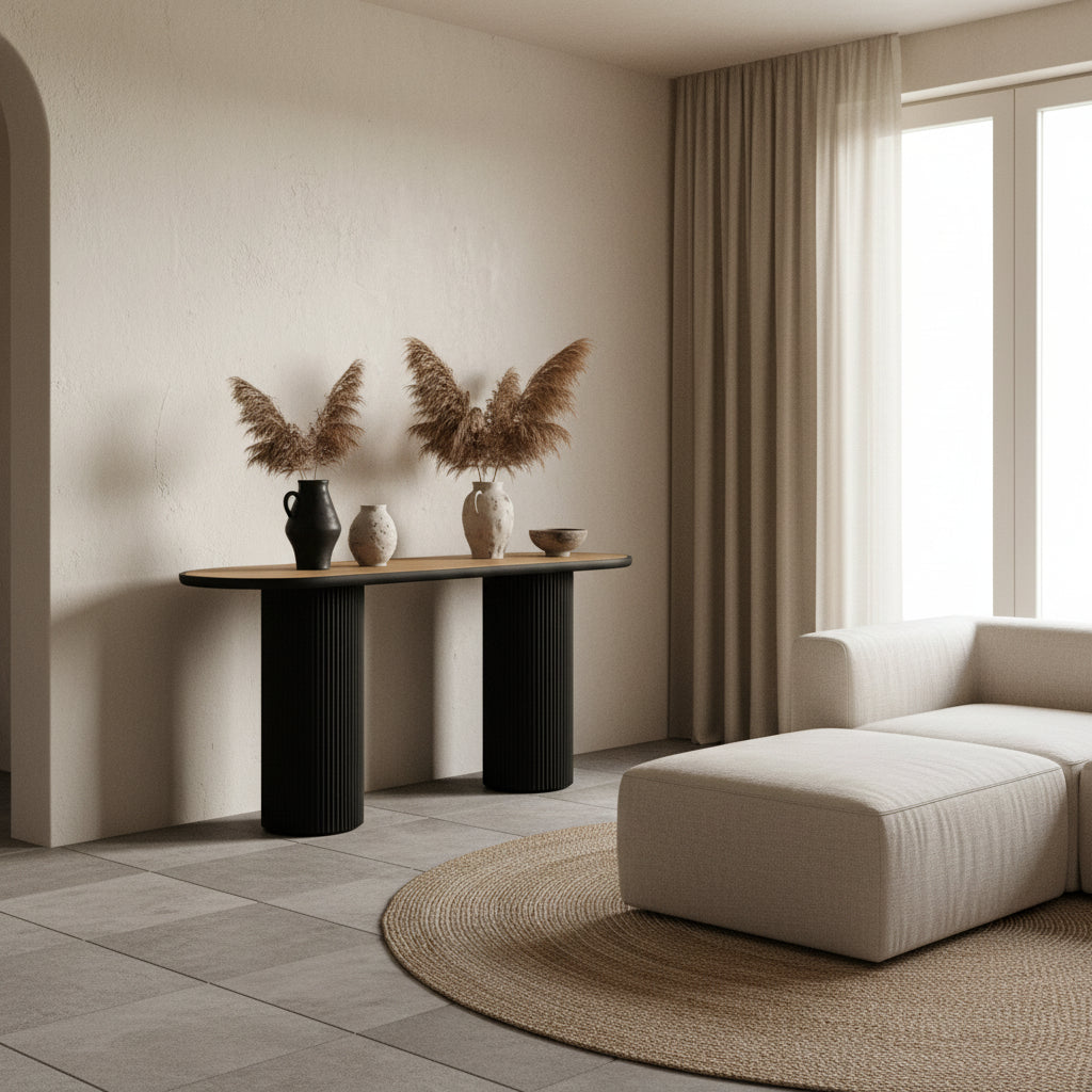 Table with wooden top and black legs on a white background