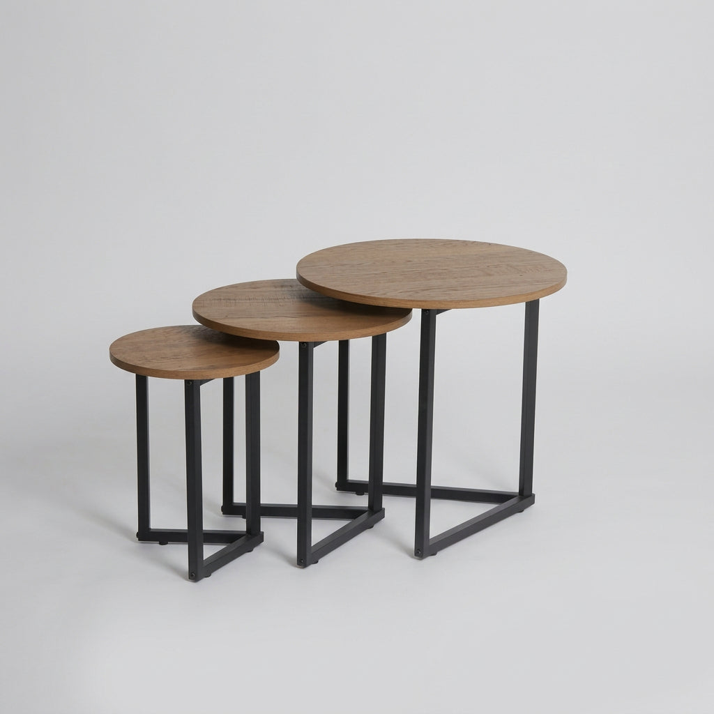 ORION Walnut &Black Steel Round Nesting Tables – Set of 3