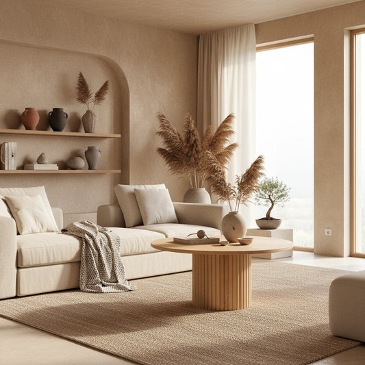 Wooden round table with a ribbed cylindrical base on a light beige background