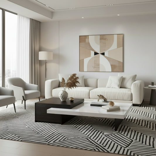 Two coffee tables, one dark wood and one white, on a white background