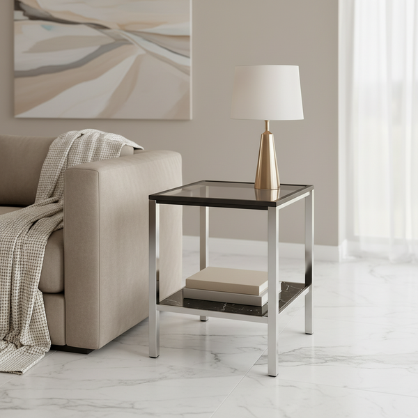 Small side table with a vase and books in a living room setting