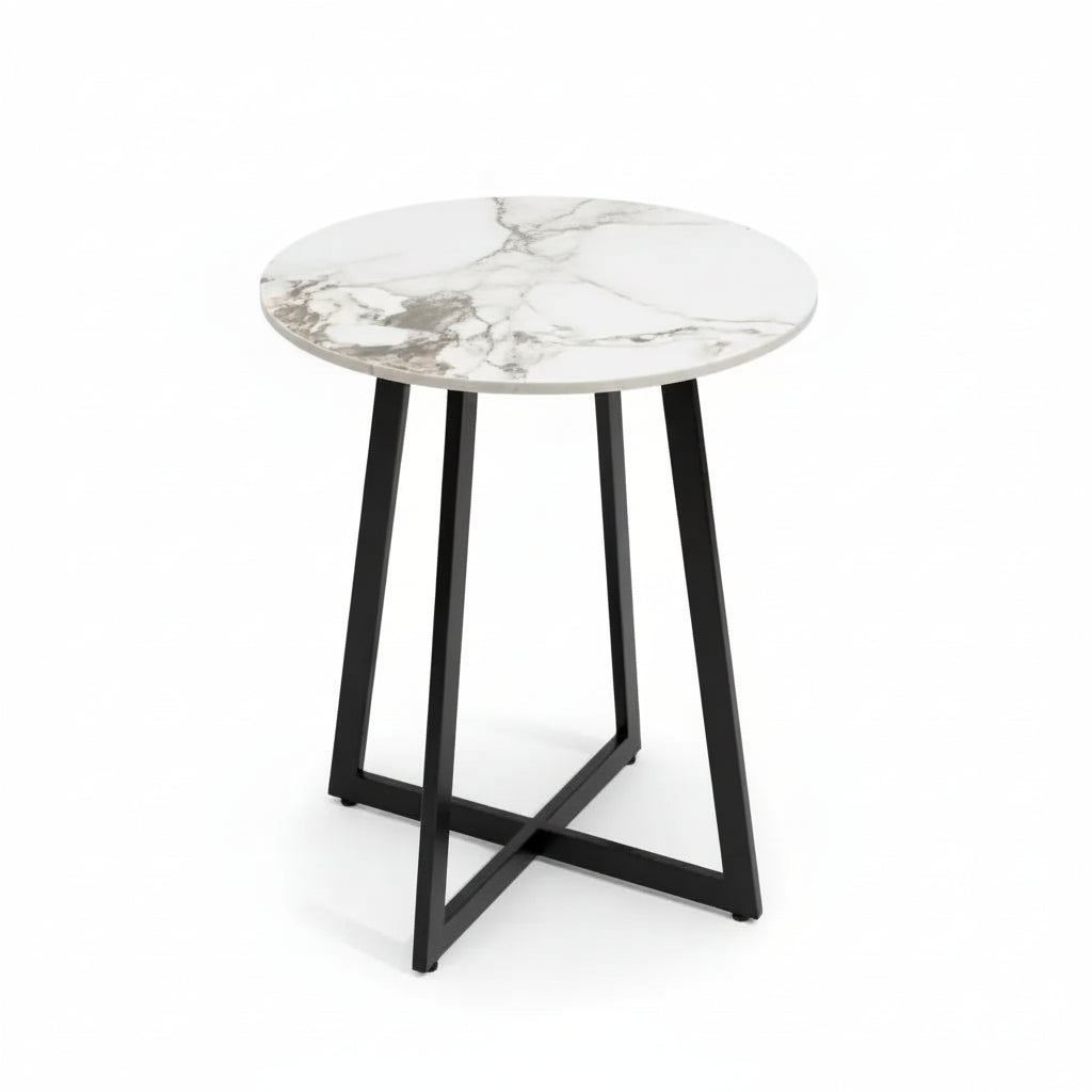 Small round marble-top side table with black legs on a white background