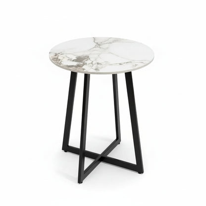 Small round marble-top side table with black legs on a white background