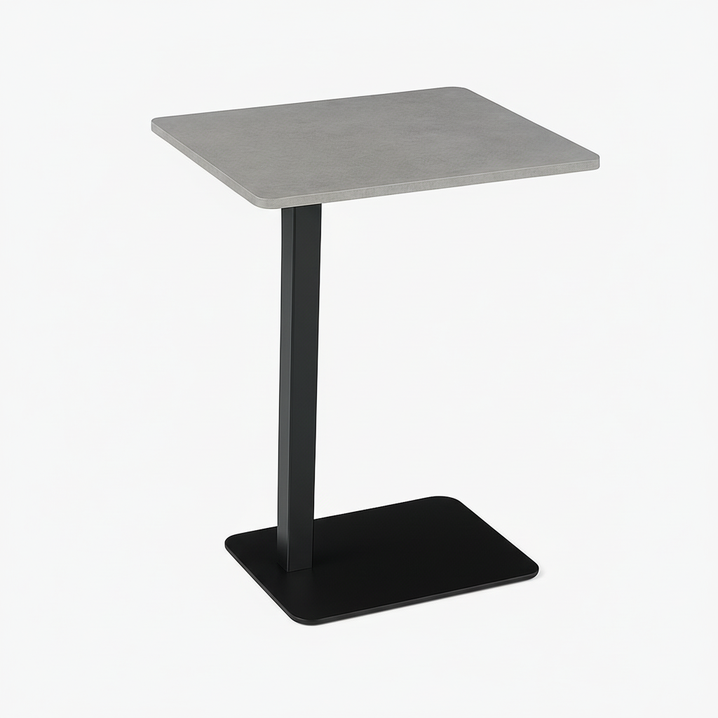 Square table with gray top and black base on a white background