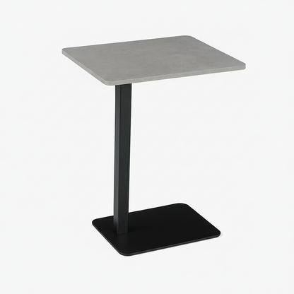 Square table with gray top and black base on a white background