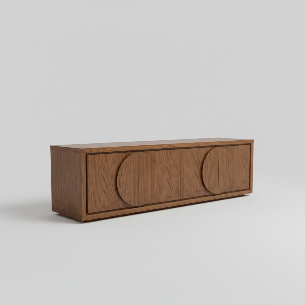 Wooden cabinet in a room with a large abstract painting on the wall.
