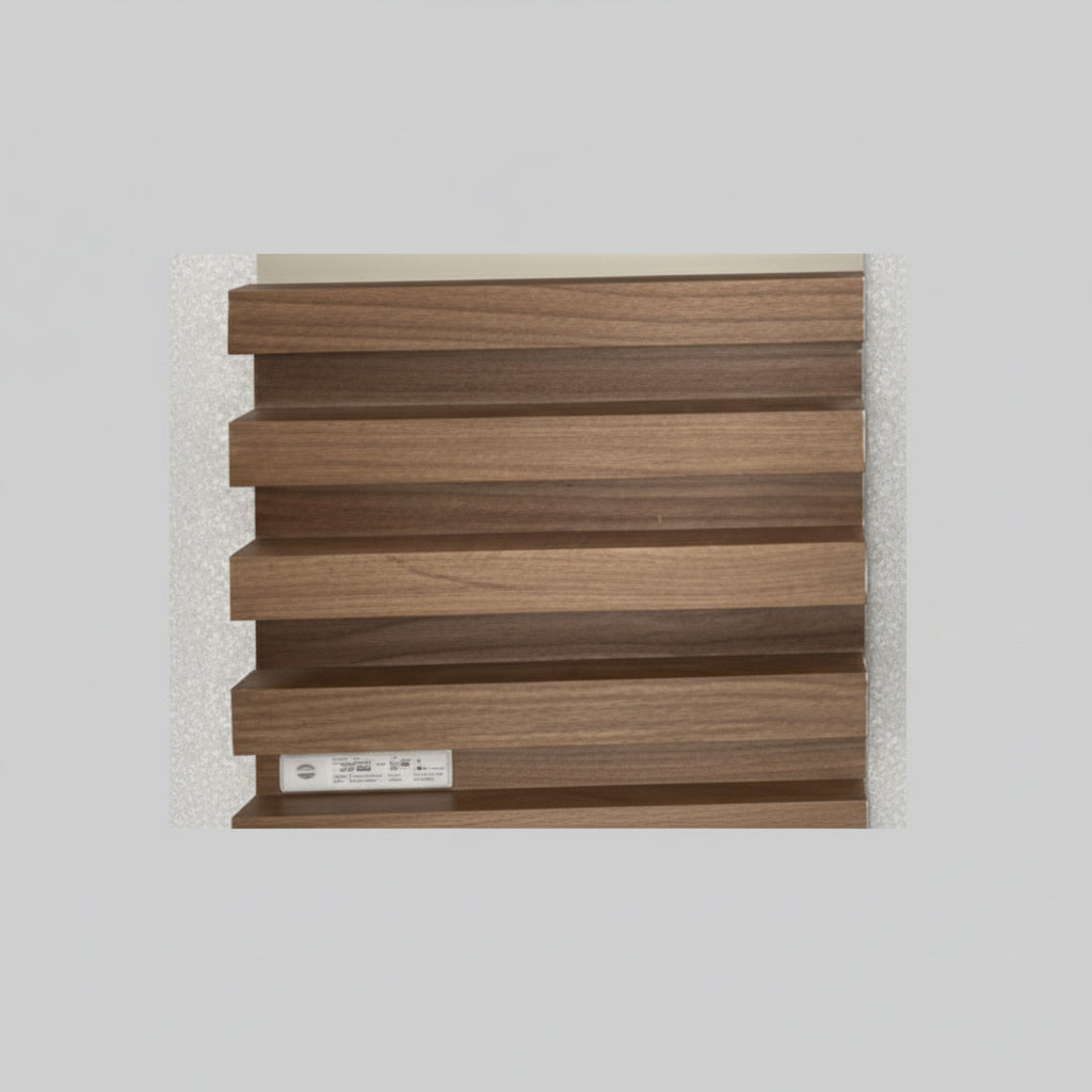 Wooden blind with a striped pattern on a white background