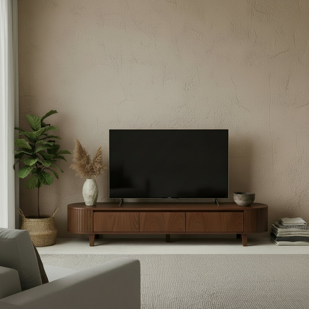 Wooden TV stand on a white background