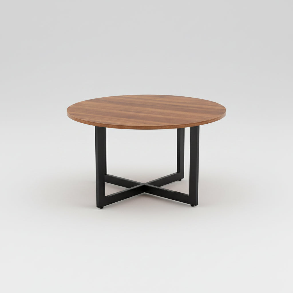 Round wooden table with black metal legs on a white background