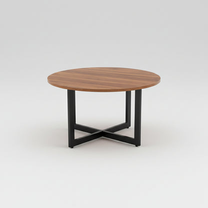 Round wooden table with black metal legs on a white background