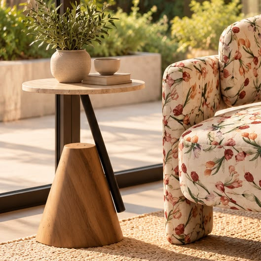 ARDEN Natural Wood& Travertine-Effect Side Table