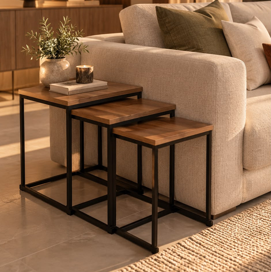 NESTO Walnut Wood &Black Steel Nesting Tables – Set of 3