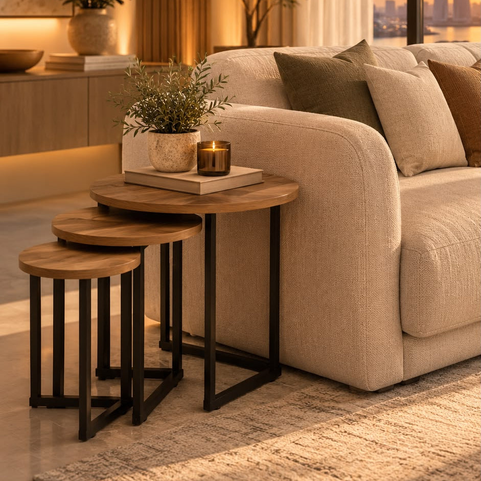 ORION Walnut &Black Steel Round Nesting Tables – Set of 3