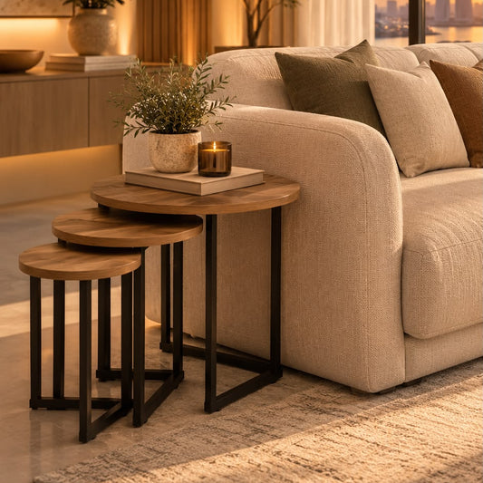 ORION Walnut &Black Steel Round Nesting Tables – Set of 3