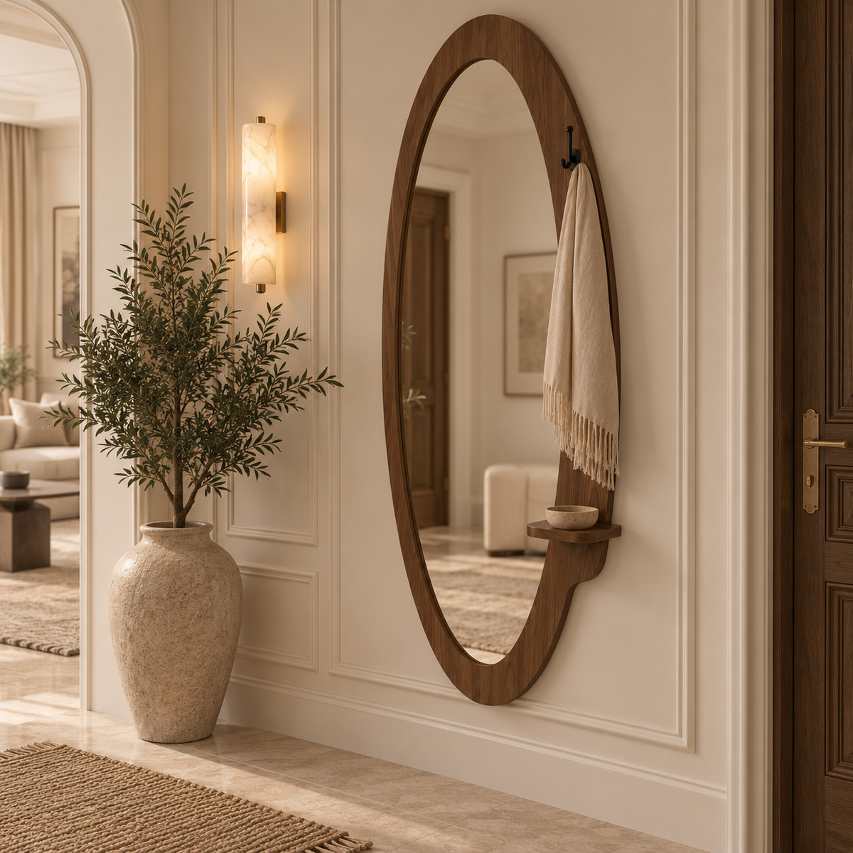 Elara Walnut Mirror with Shelf& Hook – 160 × 60 cm