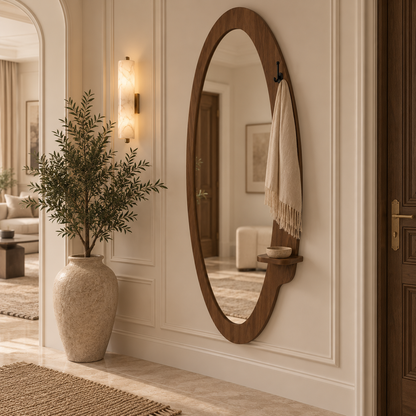 Elara Walnut Mirror with Shelf& Hook – 160 × 60 cm