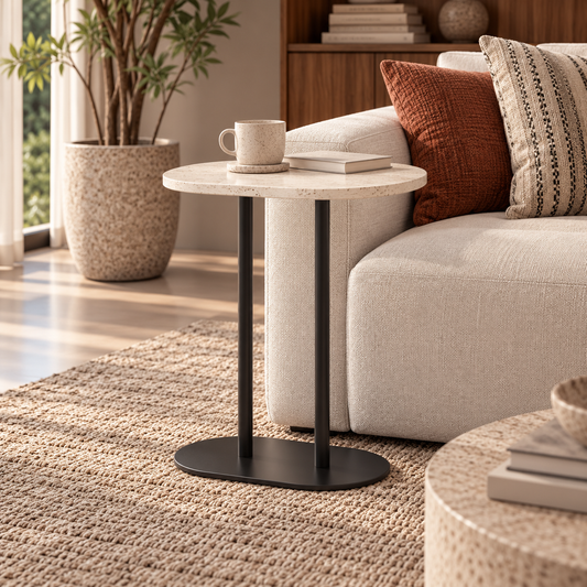 ELIO Travertine-Effect &Black Metal Side Table