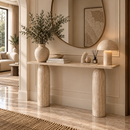 Luno Travertine-Look Wood Console Table – 140 × 40 × 80 cm
