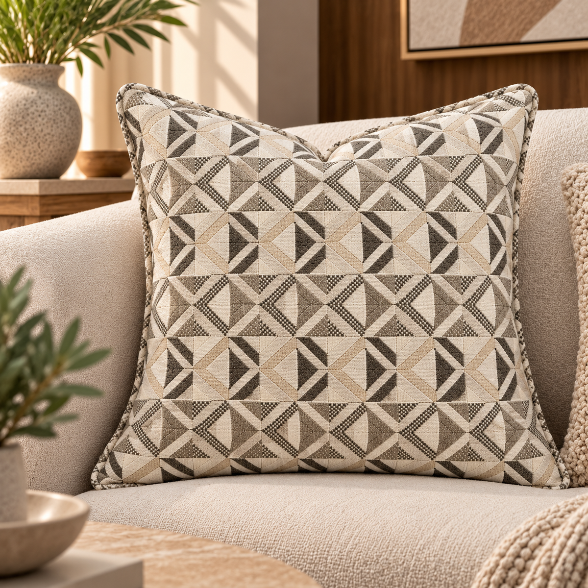 Geometric Pattern Decorative Cushion – Charcoal &Ivory – 50 × 50 cm
